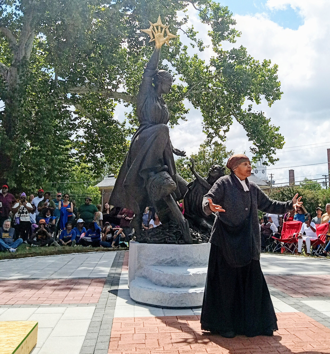 Harriet Speaks re-enactor Millicent Sparks brings Tubman's words to life after the statue is unveiled.